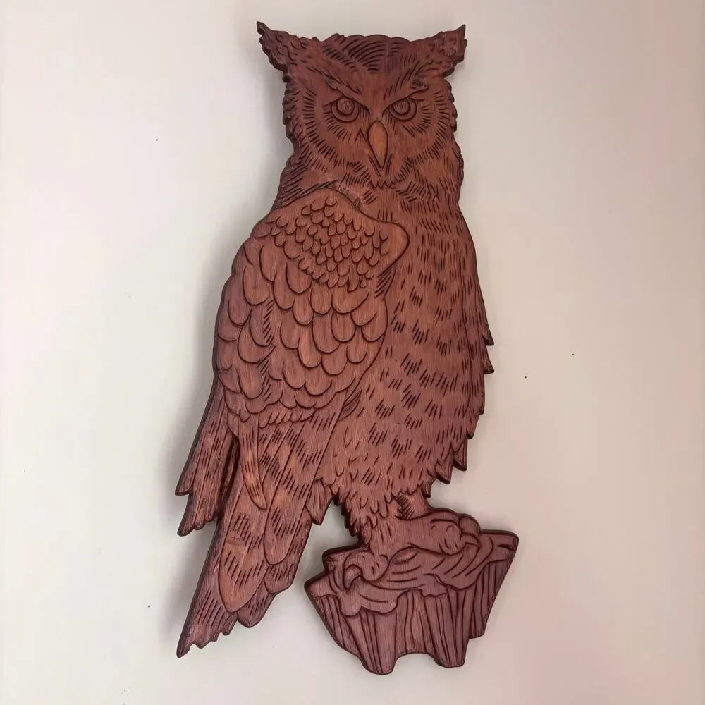 Vintage Mid Century Carved Wood Owl Wall Plaque 15 Inches